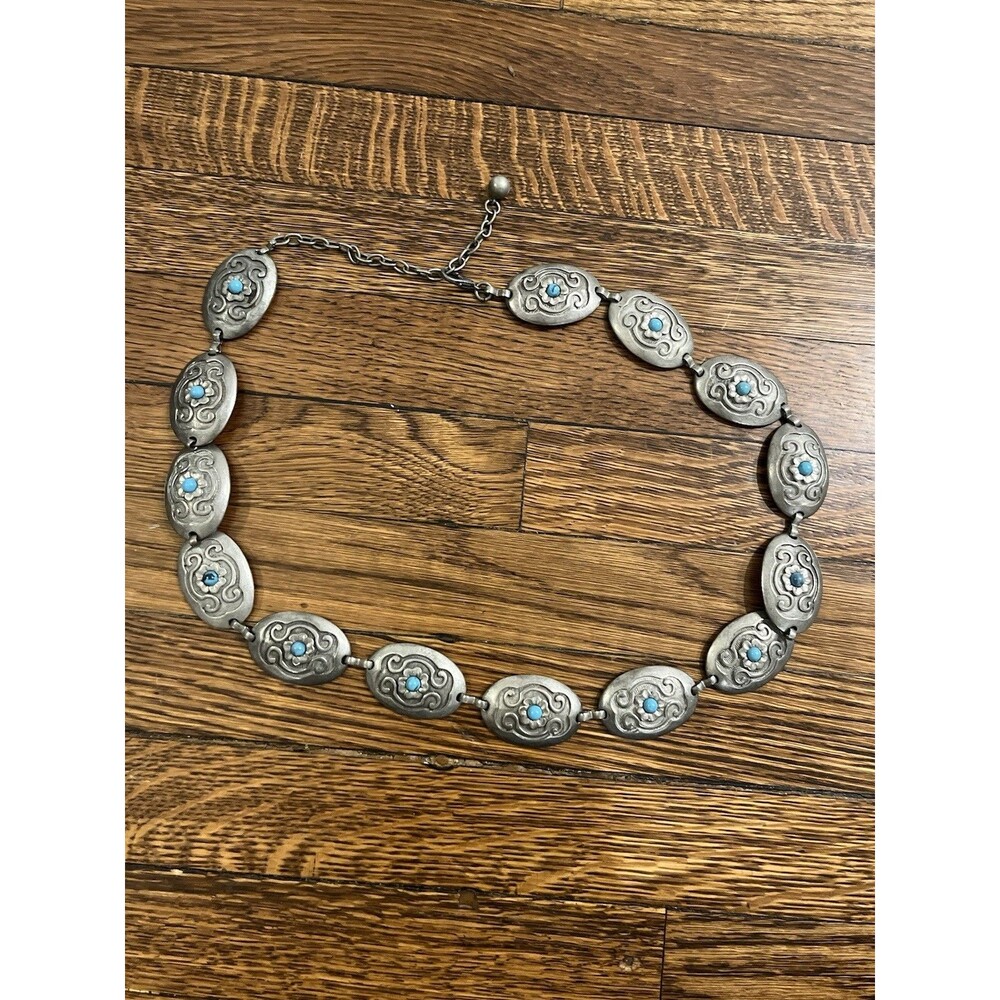 Turquoise And Silver Concho Style Chain Statement Belt
